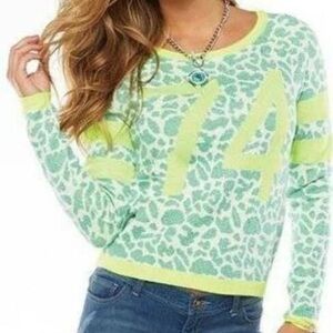 Juicy Couture Sweater in Neon Green and Metallic Teal Cheetah. Y2K Vibes. XL